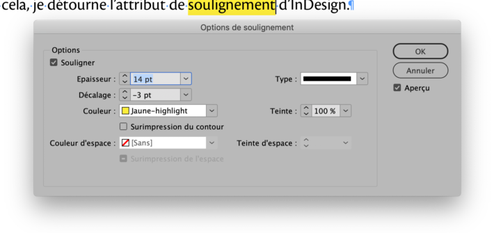 Panneau Options de soulignement