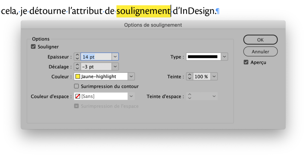 Le panneau Options de soulignement